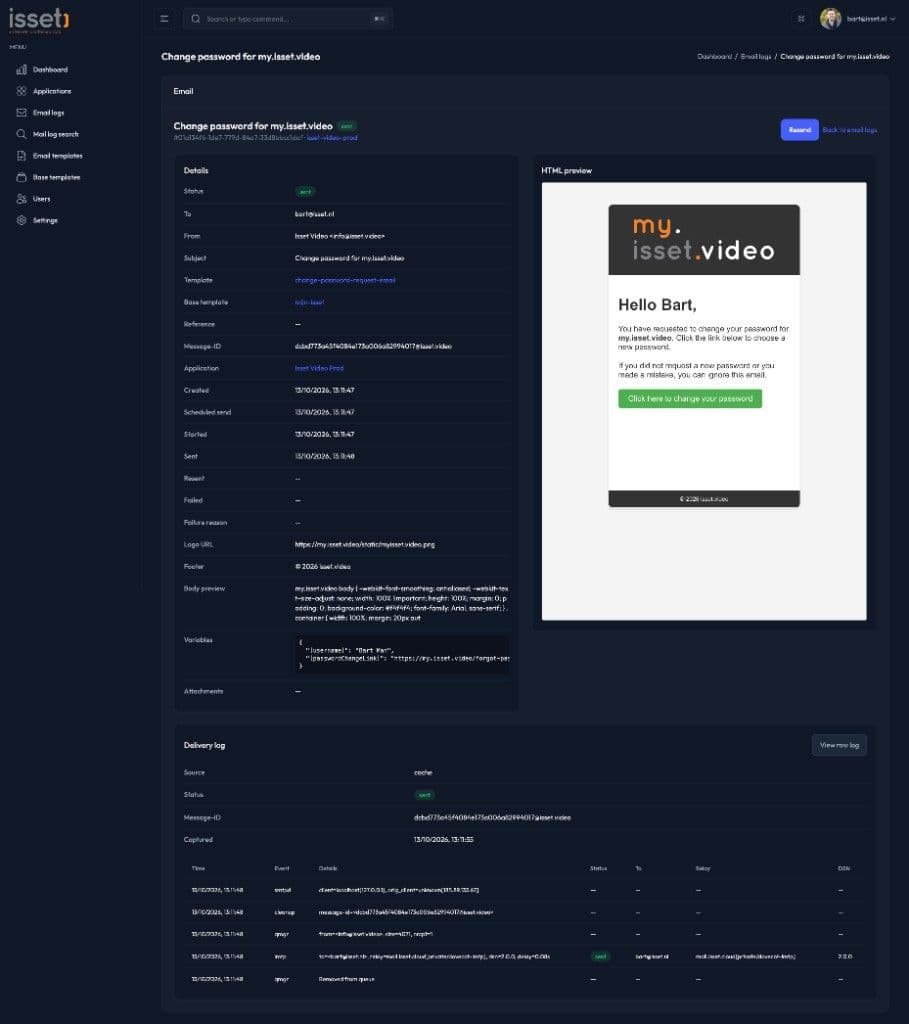 Isset Mail email detail met HTML-preview, variabelen en delivery log
