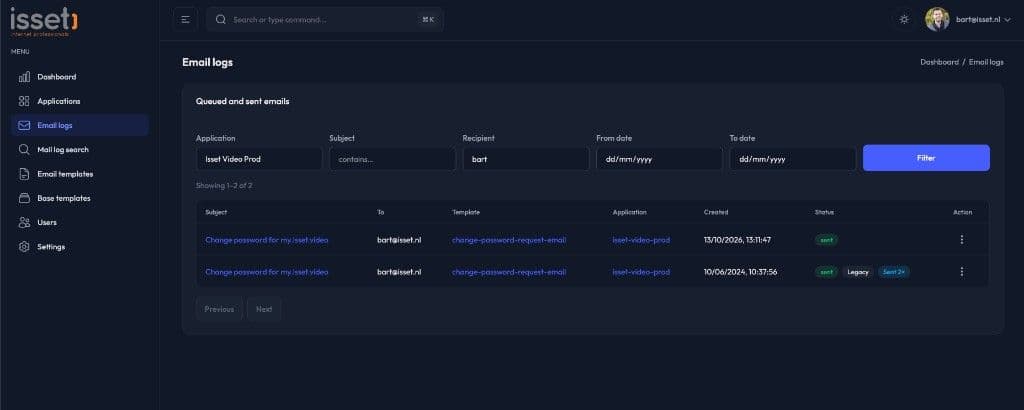 Isset Mail email logs met filters op application, recipient en status