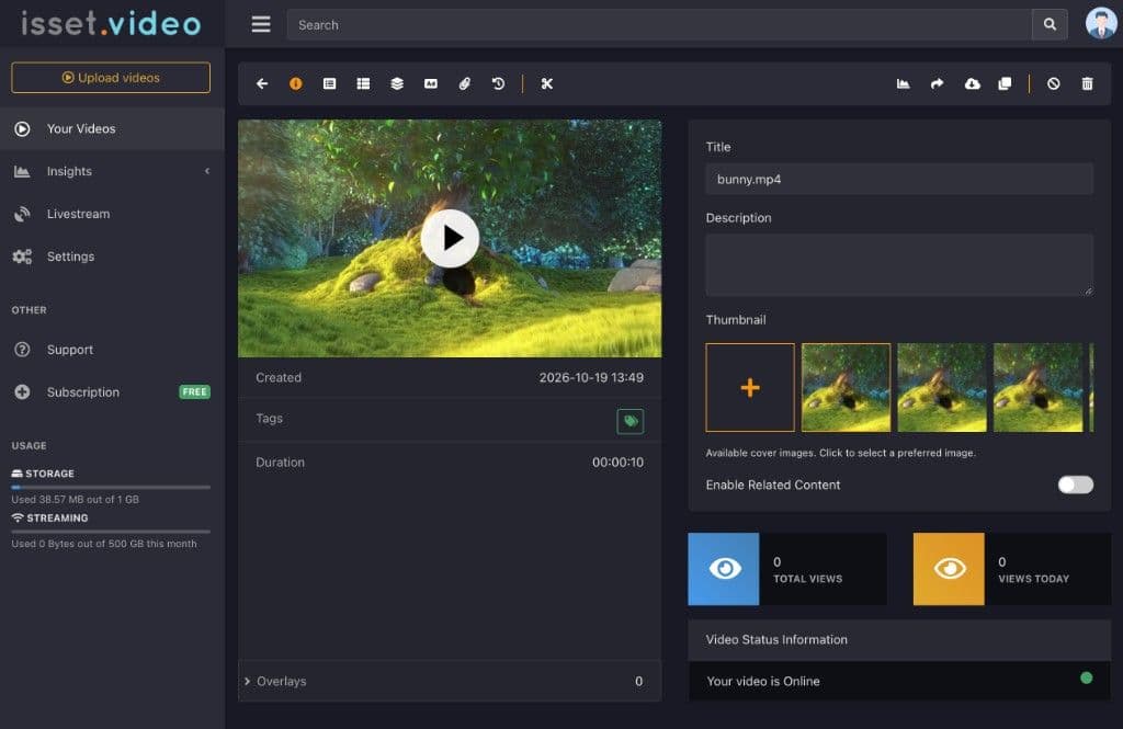 Isset Video detailscherm met preview, metadata, thumbnails en online-status