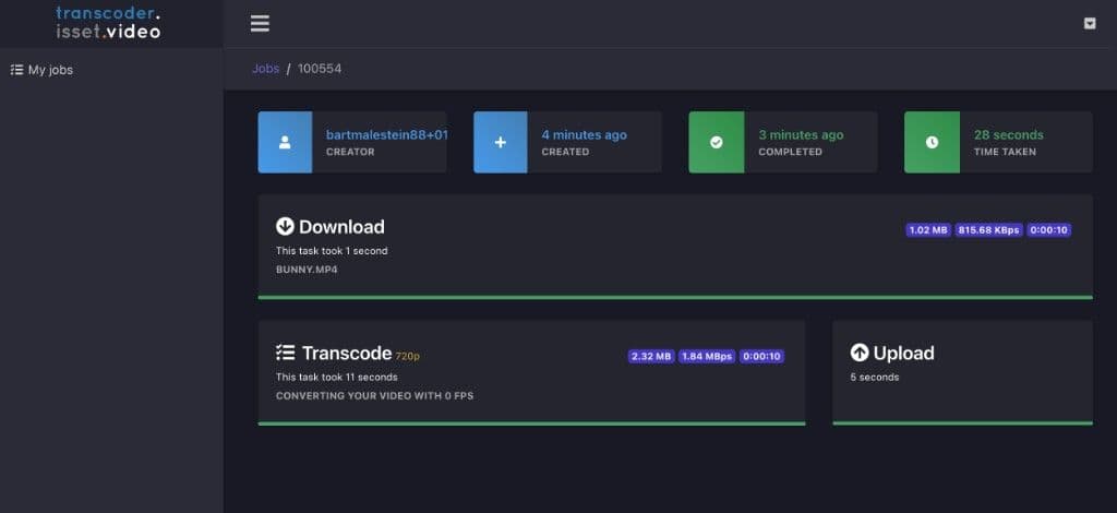 Isset Video transcoder job met download, transcode 720p en upload stappen
